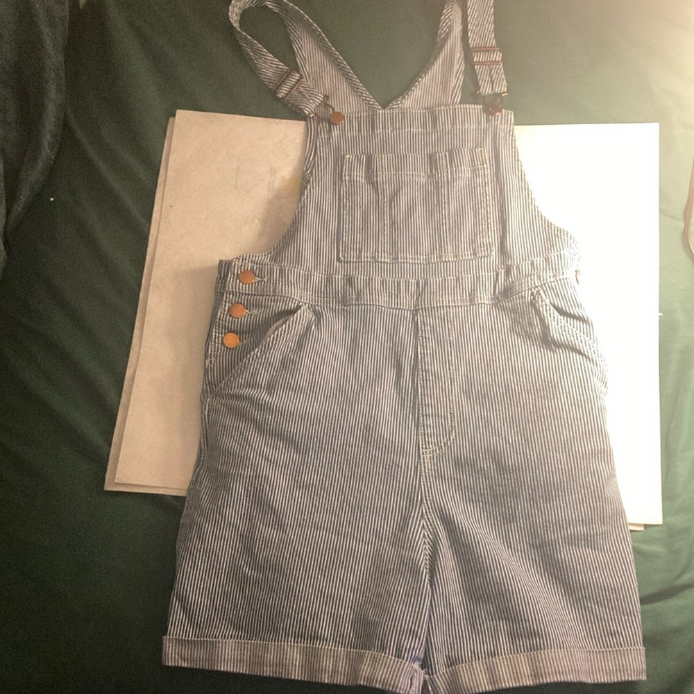 Striped Denim Overalls with Button Accents